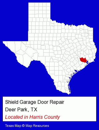Texas counties map, showing the general location of Shield Garage Door Repair