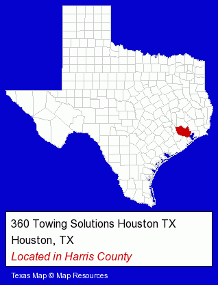 Texas counties map, showing the general location of 360 Towing Solutions Houston TX