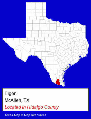 Texas counties map, showing the general location of Eigen