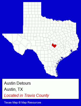Texas counties map, showing the general location of Austin Detours
