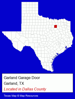 Texas counties map, showing the general location of Garland Garage Door