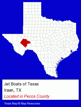 Texas counties map, showing the general location of Jet Boats of Texas
