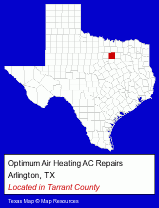 Texas counties map, showing the general location of Optimum Air Heating AC Repairs