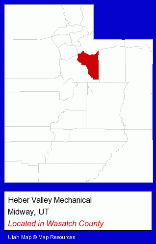 Utah counties map, showing the general location of Heber Valley Mechanical