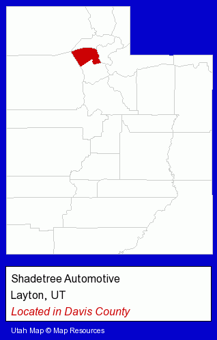Utah counties map, showing the general location of Shadetree Automotive
