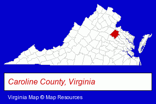 Virginia map, showing the general location of Caroline County Public Schools