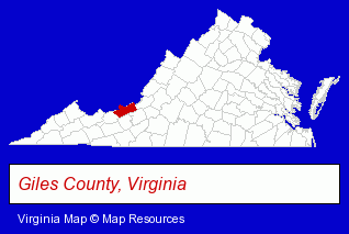 Virginia map, showing the general location of Giles County Administrator OFC