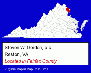 Virginia counties map, showing the general location of Steven W. Gordon, p.c.