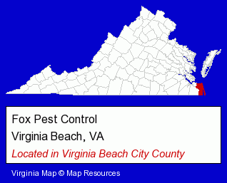 Virginia counties map, showing the general location of Fox Pest Control