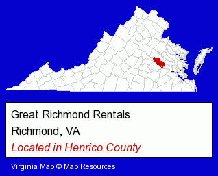 Virginia counties map, showing the general location of Great Richmond Rentals