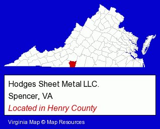 Virginia counties map, showing the general location of Hodges Sheet Metal LLC.