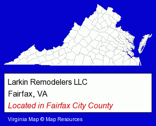 Virginia counties map, showing the general location of Larkin Remodelers LLC