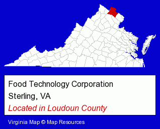 Virginia counties map, showing the general location of Food Technology Corporation