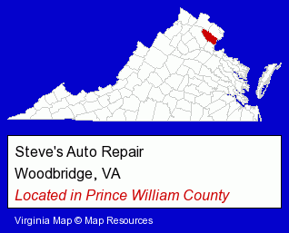 Virginia counties map, showing the general location of Steve's Auto Repair