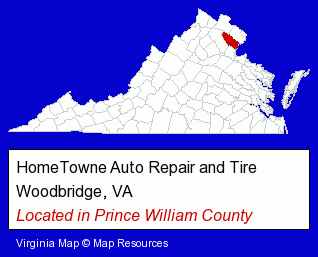 Virginia counties map, showing the general location of HomeTowne Auto Repair and Tire
