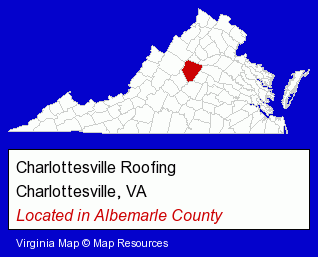 Virginia counties map, showing the general location of Charlottesville Roofing