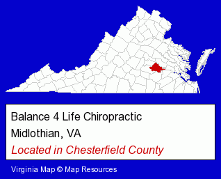 Virginia counties map, showing the general location of Balance 4 Life Chiropractic