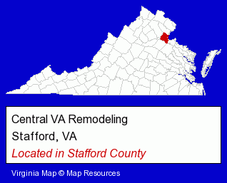 Virginia counties map, showing the general location of Central VA Remodeling