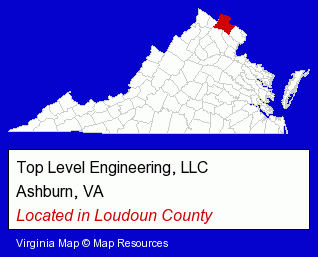 Virginia counties map, showing the general location of Top Level Engineering, LLC