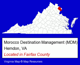 Virginia counties map, showing the general location of Morocco Destination Management (MDM)