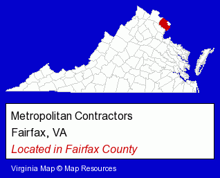 Virginia counties map, showing the general location of Metropolitan Contractors