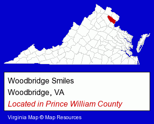 Virginia counties map, showing the general location of Woodbridge Smiles
