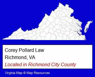 Virginia counties map, showing the general location of Corey Pollard Law