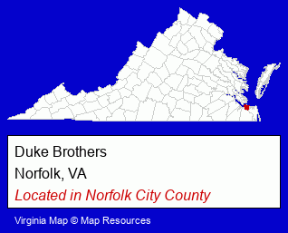 Virginia counties map, showing the general location of Duke Brothers