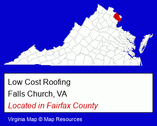 Virginia counties map, showing the general location of Low Cost Roofing