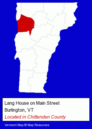 Vermont counties map, showing the general location of Lang House on Main Street