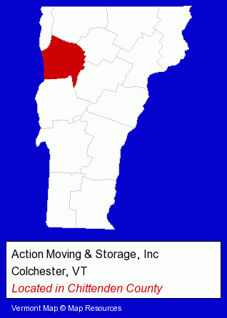 Vermont counties map, showing the general location of Action Moving & Storage, Inc