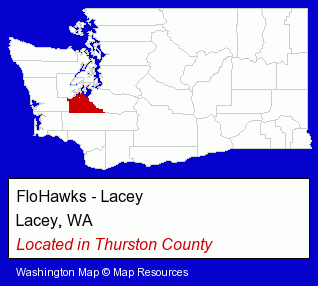 Washington counties map, showing the general location of FloHawks - Lacey