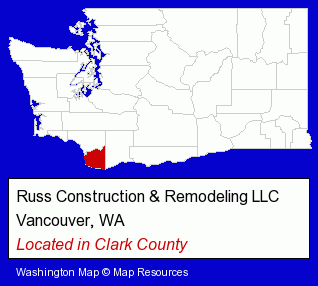 Washington counties map, showing the general location of Russ Construction & Remodeling LLC