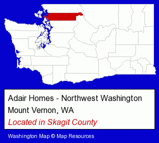 Washington counties map, showing the general location of Adair Homes - Northwest Washington