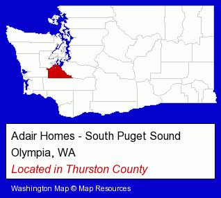 Washington counties map, showing the general location of Adair Homes - South Puget Sound
