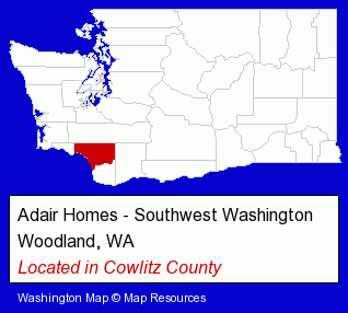 Washington counties map, showing the general location of Adair Homes - Southwest Washington