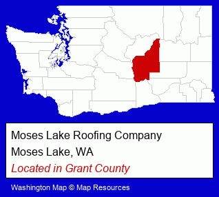 Washington counties map, showing the general location of Moses Lake Roofing Company