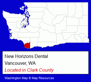 Washington counties map, showing the general location of New Horizons Dental