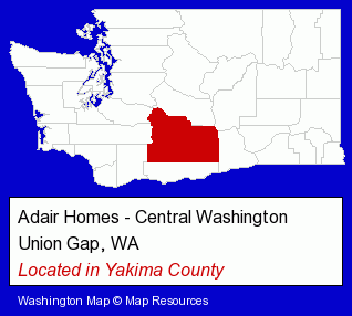 Washington counties map, showing the general location of Adair Homes - Central Washington