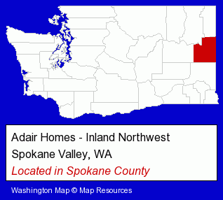 Washington counties map, showing the general location of Adair Homes - Inland Northwest