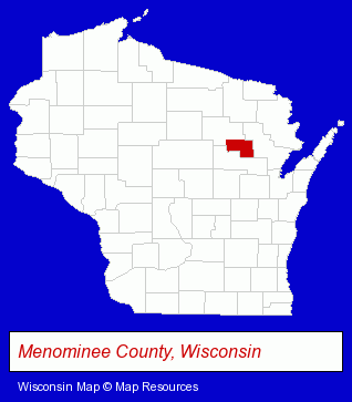 Wisconsin map, showing the general location of Menominee Casino-Bingo-Hotel