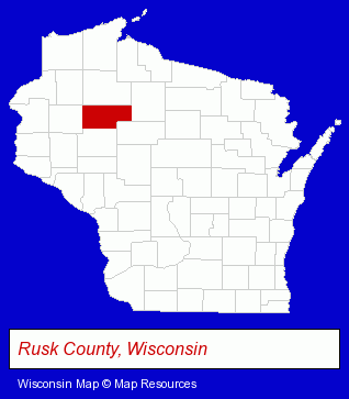 Wisconsin map, showing the general location of Rusk County Community Library