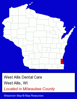 Wisconsin counties map, showing the general location of West Allis Dental Care