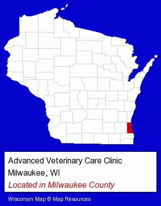 Wisconsin counties map, showing the general location of Advanced Veterinary Care Clinic