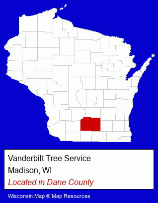 Wisconsin counties map, showing the general location of Vanderbilt Tree Service