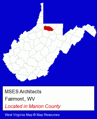 West Virginia counties map, showing the general location of MSES Architects