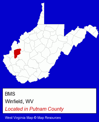 West Virginia counties map, showing the general location of BMS
