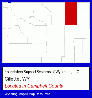 Wyoming counties map, showing the general location of Foundation Support Systems of Wyoming, LLC