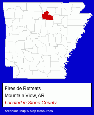 Arkansas counties map, showing the general location of Fireside Retreats