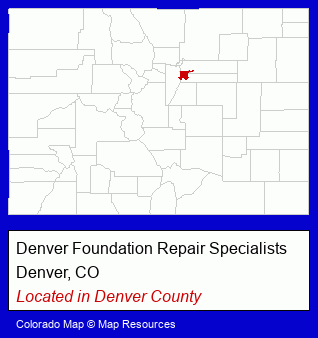 Colorado counties map, showing the general location of Denver Foundation Repair Specialists